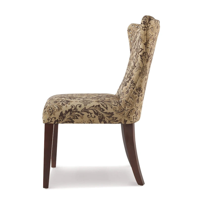 Armless Upholstered Dining Chair – Off-White Floral / Gold Floral / Moss Green / Jet Black / Brown Floral / Midnight Blue, Curved Back, Nailhead Trim, Seats 1