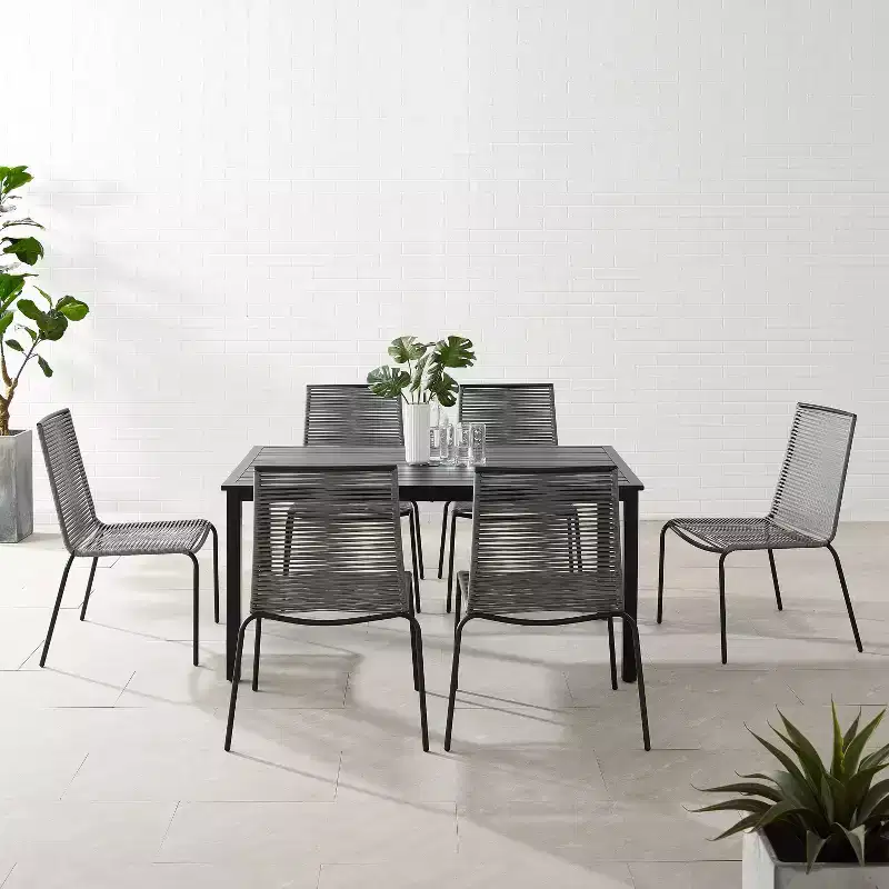 Fenton 7pc Outdoor Wicker/Metal Dining Set: Stackable Chairs, Water & UV Resistant - Crosley
