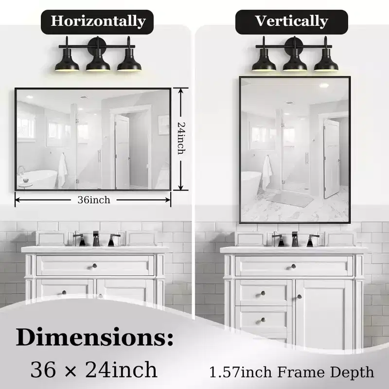 36x24inch Black Rectangular Bathroom Mirror Square Angle Metal Frame Wall Mounted Hanging Plates Wall Mount Mirror For Bathroom