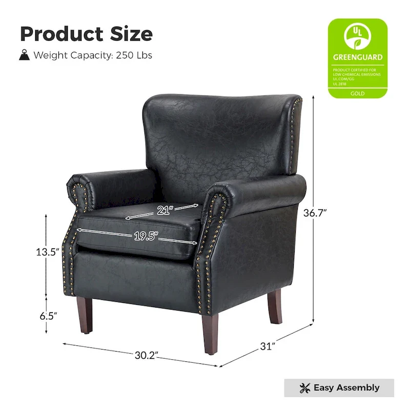 Transitional Leather Armchair with Nailhead Trim Rolled Arms