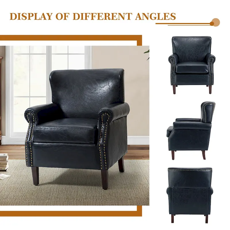 Transitional Leather Armchair with Nailhead Trim Rolled Arms