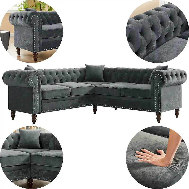 L-shaped sofa with deep-stitched details and curled armrests.