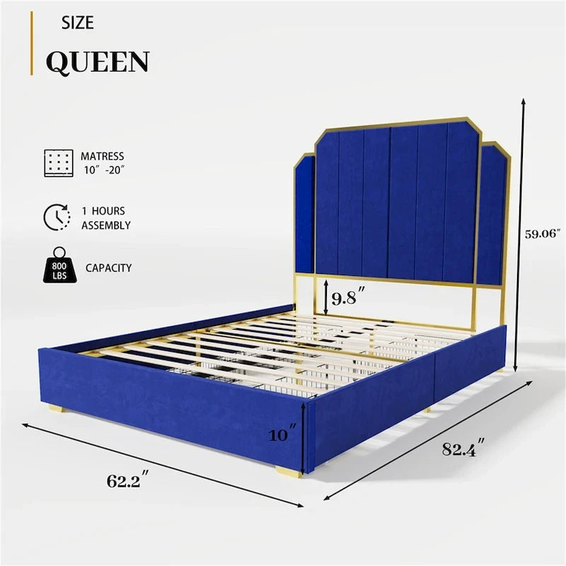 Queen Velvet Platform Bed – Gold + Creamy White / Black / Blue, Channel Headboard, 4 Storage Drawers, Sleeps 1
