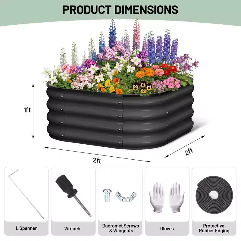 2 Pcs Galvanized Raised Garden Bed, Raised Garden Beds Outdoor, Squircle Planter Raised Beds with Gloves and Rubber Edge Trim, 2x2x1 FT
