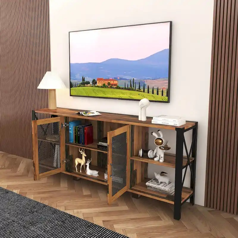 80-Inch Industrial TV Stand – Espresso / Walnut / White, Wood & Metal, Open Shelving with Mesh Door