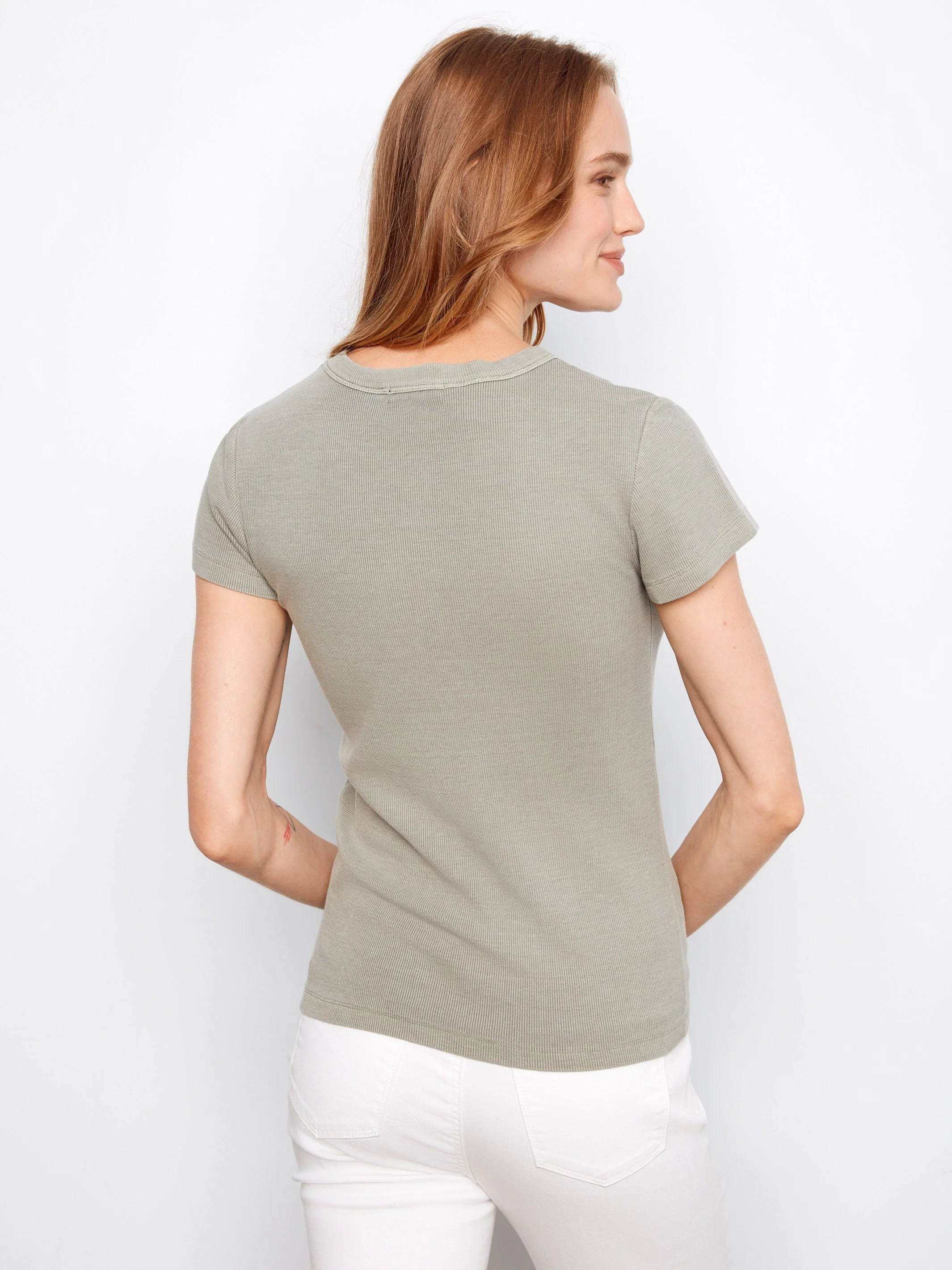 Soft Fabric Ribbed Crew Neck T-Shirt - Sage