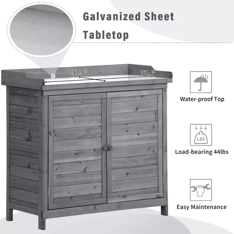 Outdoor Potting Bench with 2-Tier Shelves & Side Hooks, Galvanized Tabletop, Garden Workstation