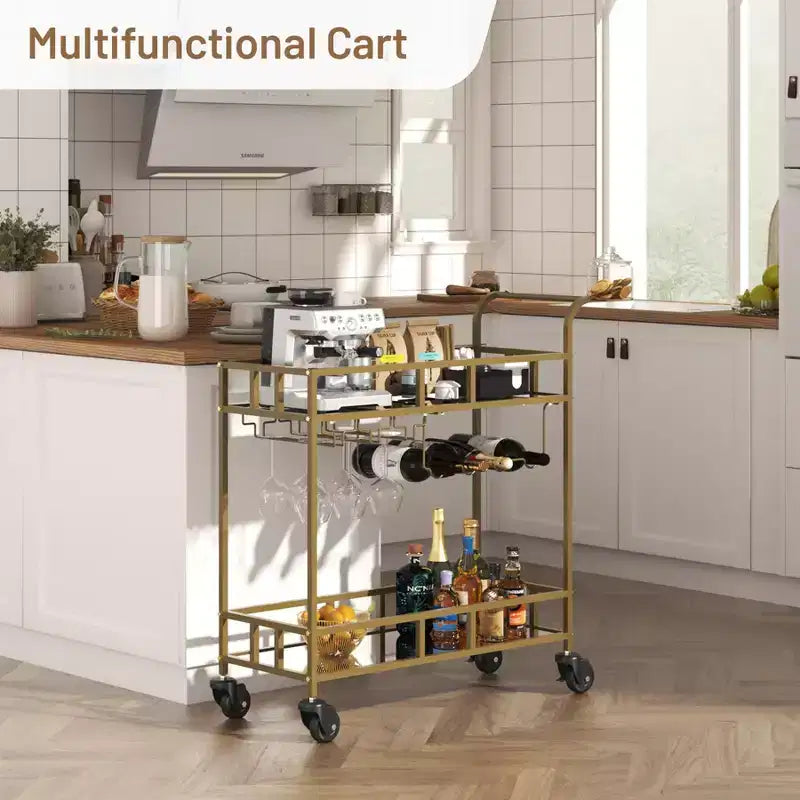 COZONY 2 Tier Bar Cart with Wine Rack and Glass Holder, Mirrored Mobile Serving Cart with Wheels for Kitchen Living Room