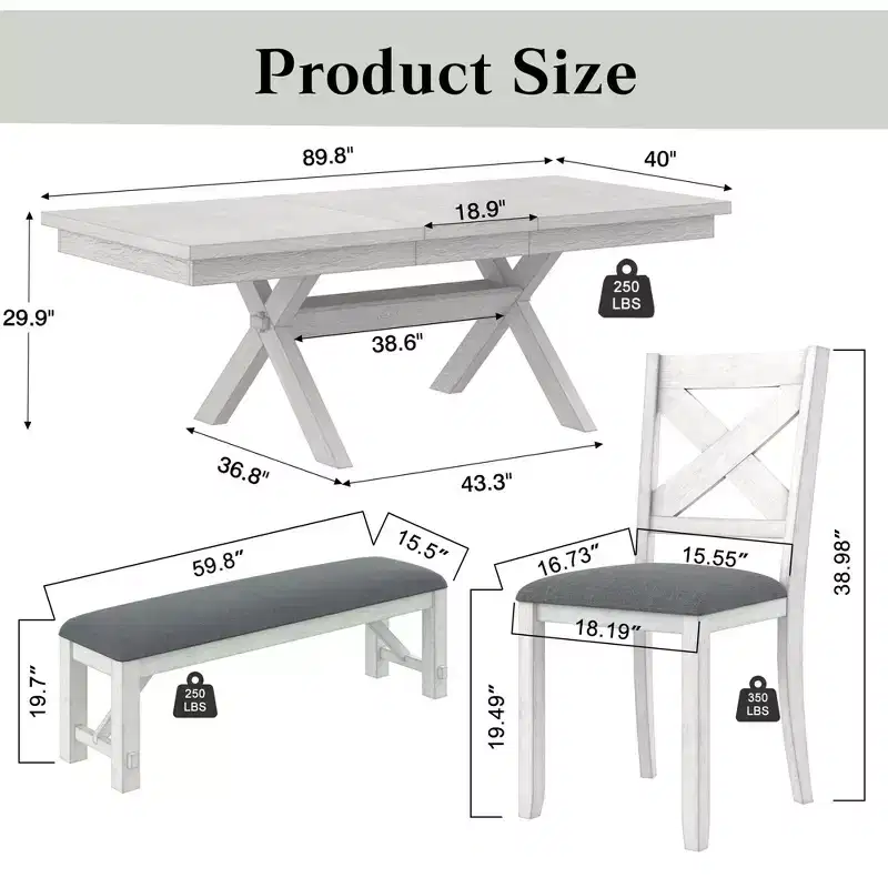 VECELO Rustic 6-Piece Extendable Dining Table Set, Rubber Wood Table with 4 Armless Upholstered Dining Chairs and Bench for Kitchen, Gray