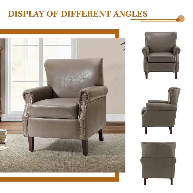 Transitional Leather Armchair with Nailhead Trim Rolled Arms