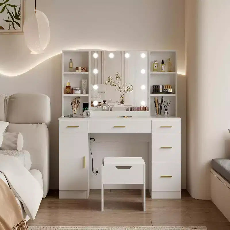 Vanity Desk with LED Mirror, 5 Drawers and 6 Open Shelves, Adjustable Lighting, Dressing Table