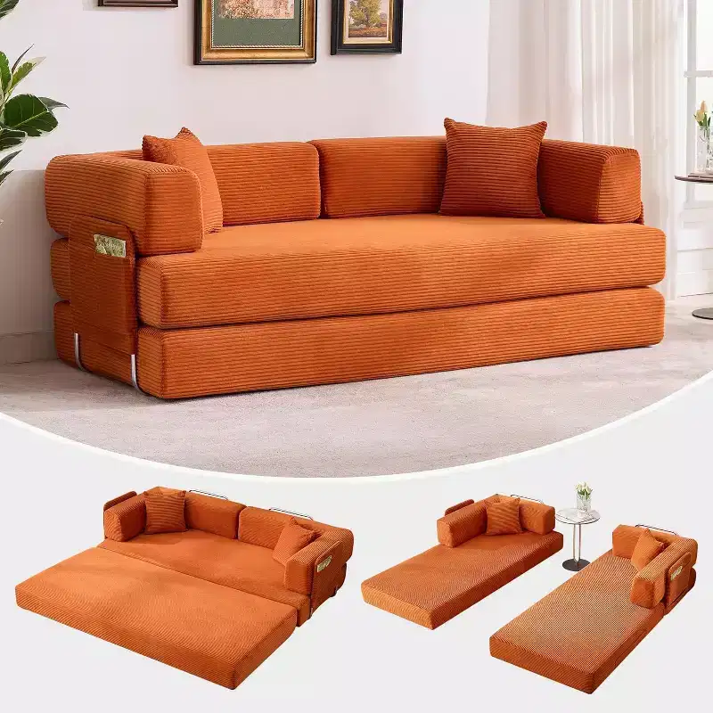 Convertible Couch, Folding Sofa Bed with 2 Pillows, Plush Corduroy Boneless Convertible Sofa, No Assembly Required for Living Room, Bedroom