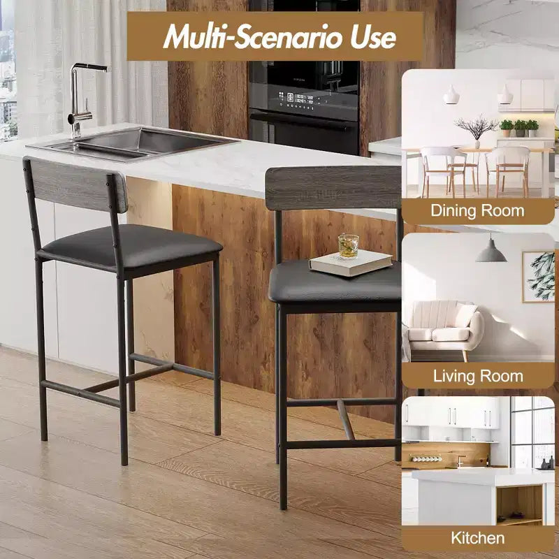 Bar Stools Set of 2, Kitchen Bar Stools with Footrest, 25.5 Inches Upholstered Bar Chairs with Back, 2 Counter Height Barstools for Counter Bar