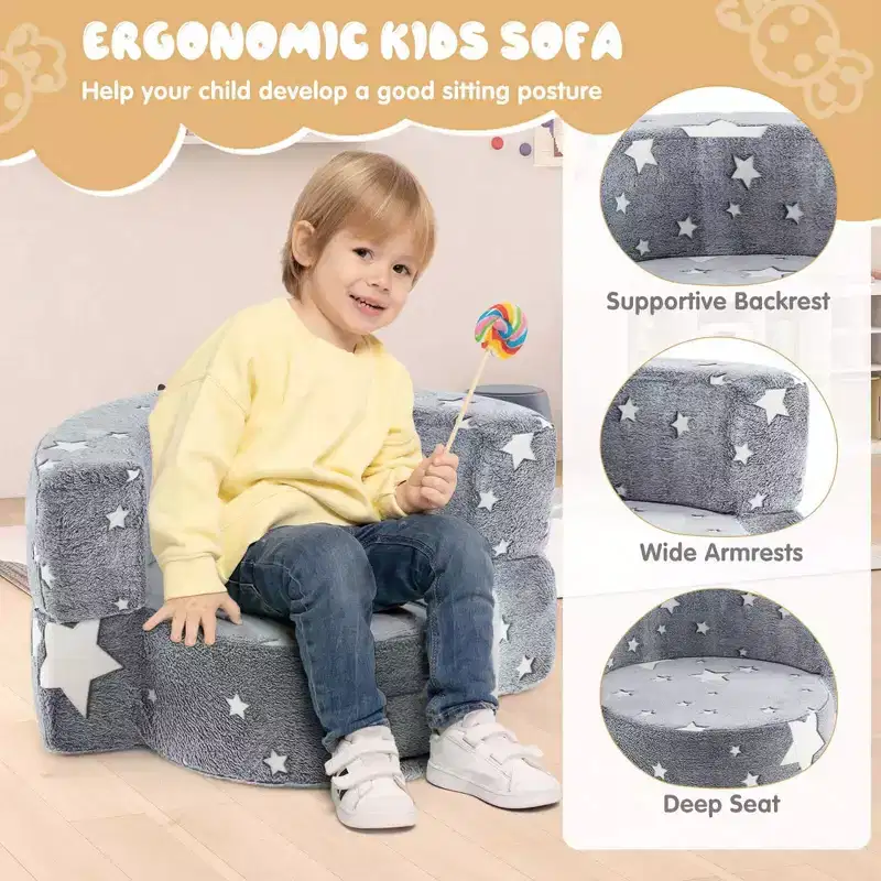 Costway Kids Plush Couch with Machine Washable Flannel Cover Soft Sponge Padding