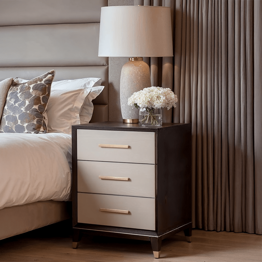 Dark Wood 3 Drawer Bedside Table with Brass Details