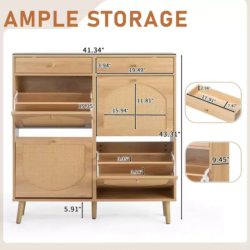 Karl Home Rattan Panel 2 Drawers 4 Flip-Drawer Shoe Cabinet Particleboard 41.34 W