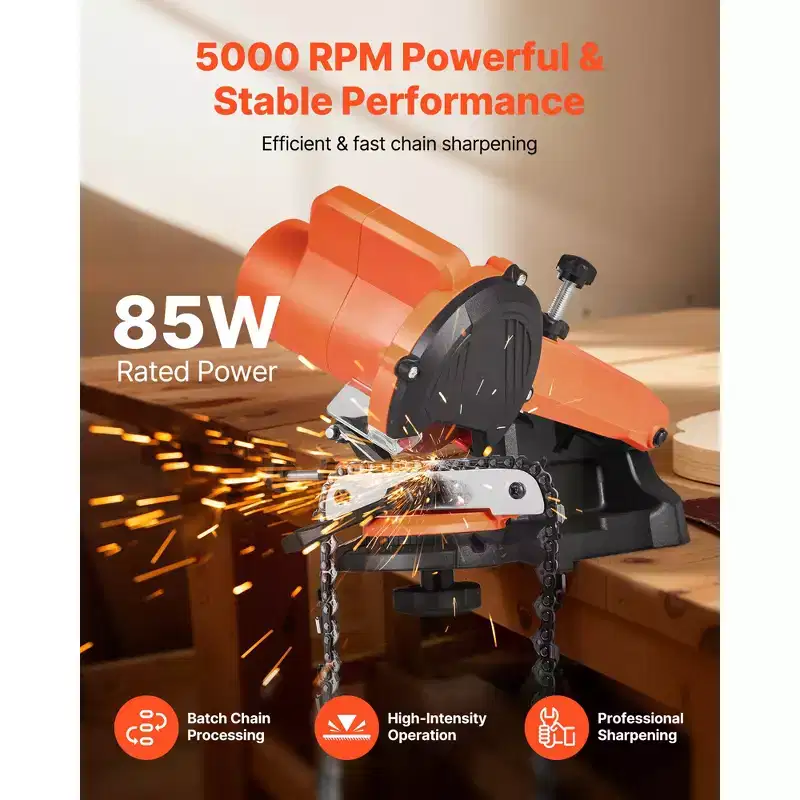 VEVOR Electric Chainsaw Sharpener, 85W Bench Saw Chain Sharpener 5000RPM, Professional Chainsaw Sharpening Tool with 2 Grinding Wheels, Orange&Black