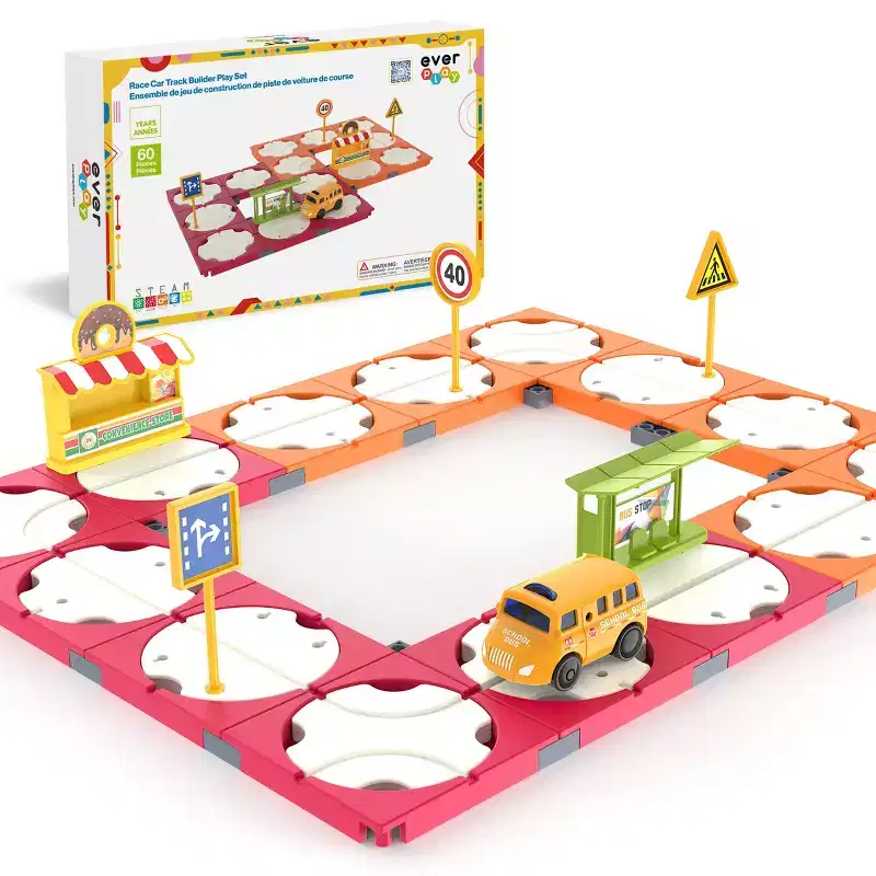 EverPlay 60PCS Race Car Track Building Blocks Playset with Accessories, STEM Educational Construction Toy, Vehicle Track Set for Kids 3+
