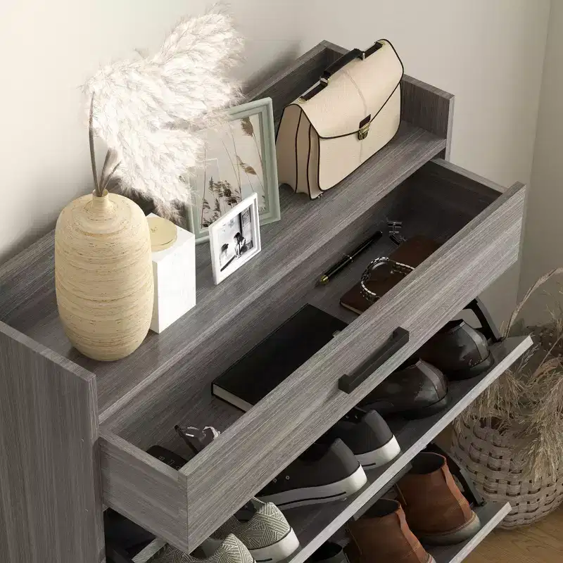 Slim Industrial Shoe Cabinet - 2 Flip Drawers, Adjustable Shelves, Holds 12 Pairs
