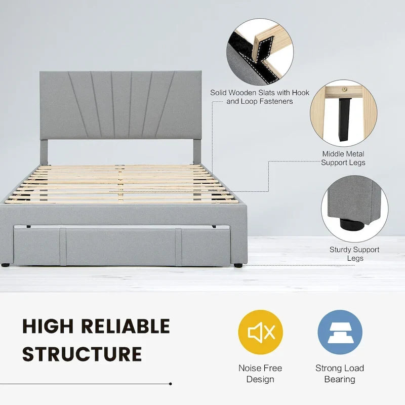 Linen Platform Bed Frame – Grey, Adjustable Headboard, 1 Pull-Out Drawer, Full / Queen, Sleeps 1
