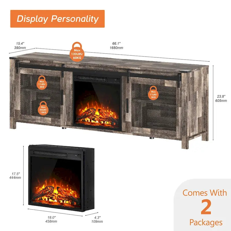 3-Sided Glass Electric Fireplace Insert – Gray & Blue Light / Black, Freestanding or Insert, 18 or 36 Inch