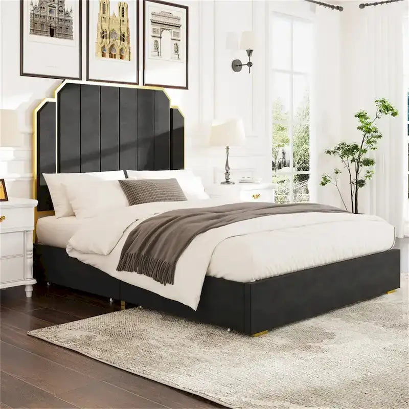 Queen Velvet Platform Bed – Gold + Creamy White / Black / Blue, Channel Headboard, 4 Storage Drawers, Sleeps 1