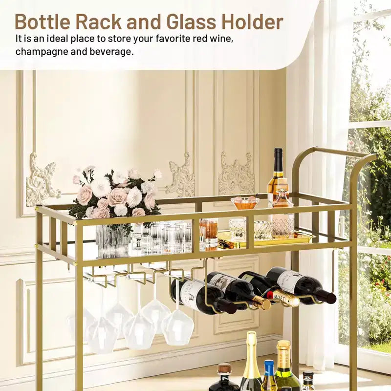 COZONY 2 Tier Bar Cart with Wine Rack and Glass Holder, Mirrored Mobile Serving Cart with Wheels for Kitchen Living Room