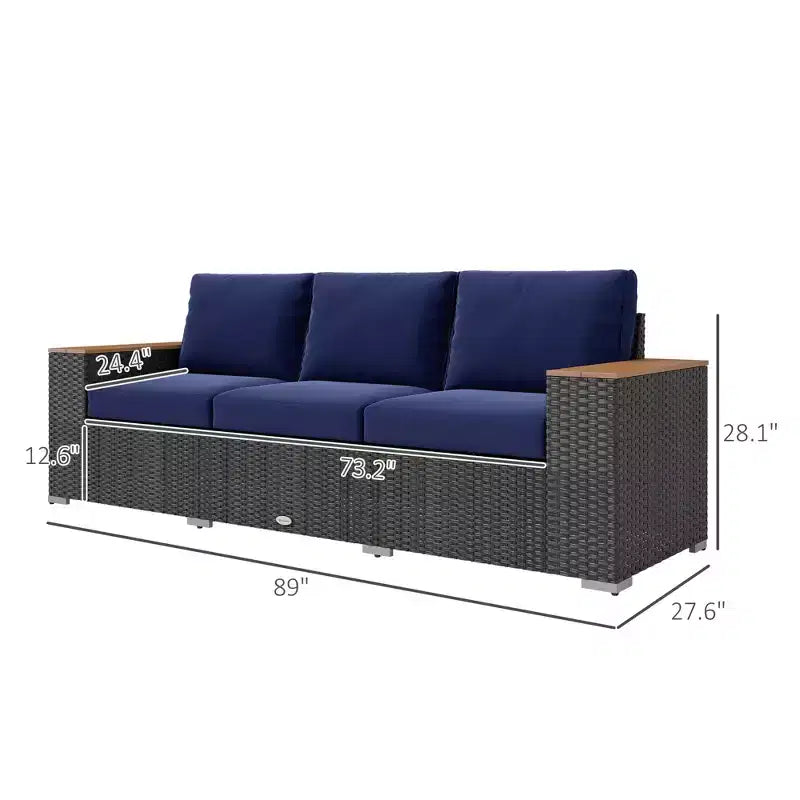 3-Seat Outdoor Patio Sofa with Cushions, PE Rattan Wicker Sofa with Wide Armrests, Outdoor Wicker Couch