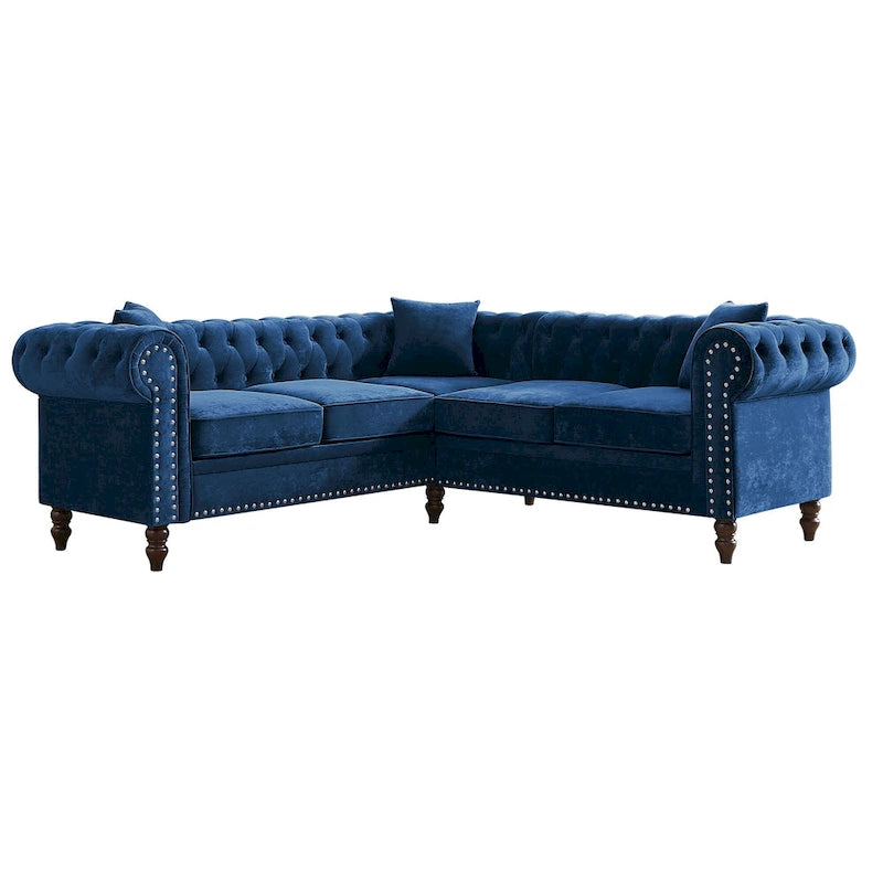 L-shaped sofa with deep-stitched details and curled armrests.