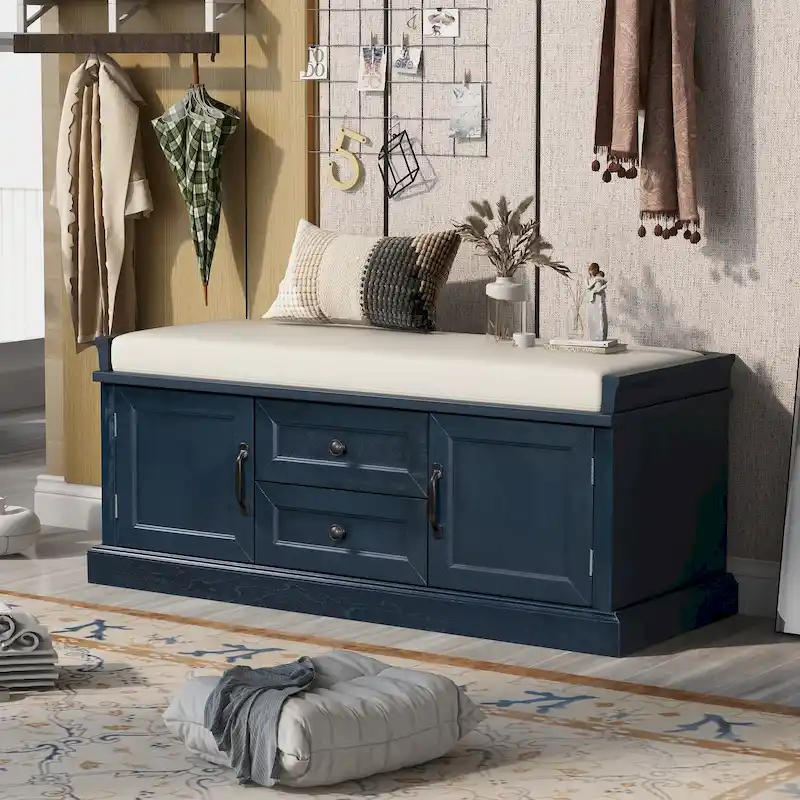 Storage Shoes Bench with 2 Drawers, 2 Cabinets and Removable Cushion