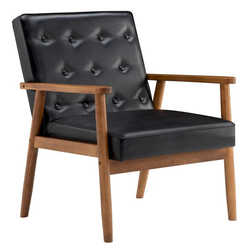 Button-Tufted Slipper Chair – Black, PU Leather, Solid Wood Frame & Legs, Seats 1