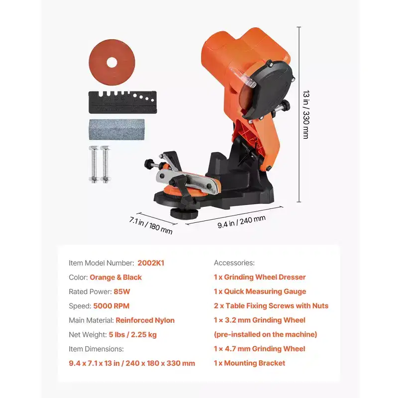 VEVOR Electric Chainsaw Sharpener, 85W Bench Saw Chain Sharpener 5000RPM, Professional Chainsaw Sharpening Tool with 2 Grinding Wheels, Orange&Black