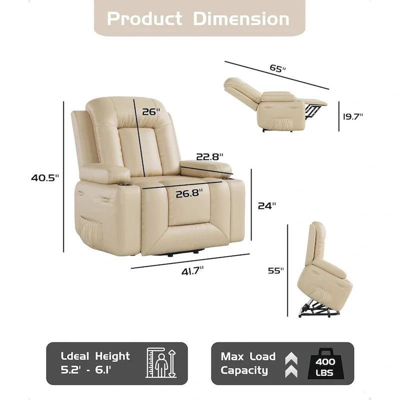 Faux Leather Power Lift Recliner, Heat & Massage, 1-Person �� Cognac / Coffee / Tan / Grey / Beige