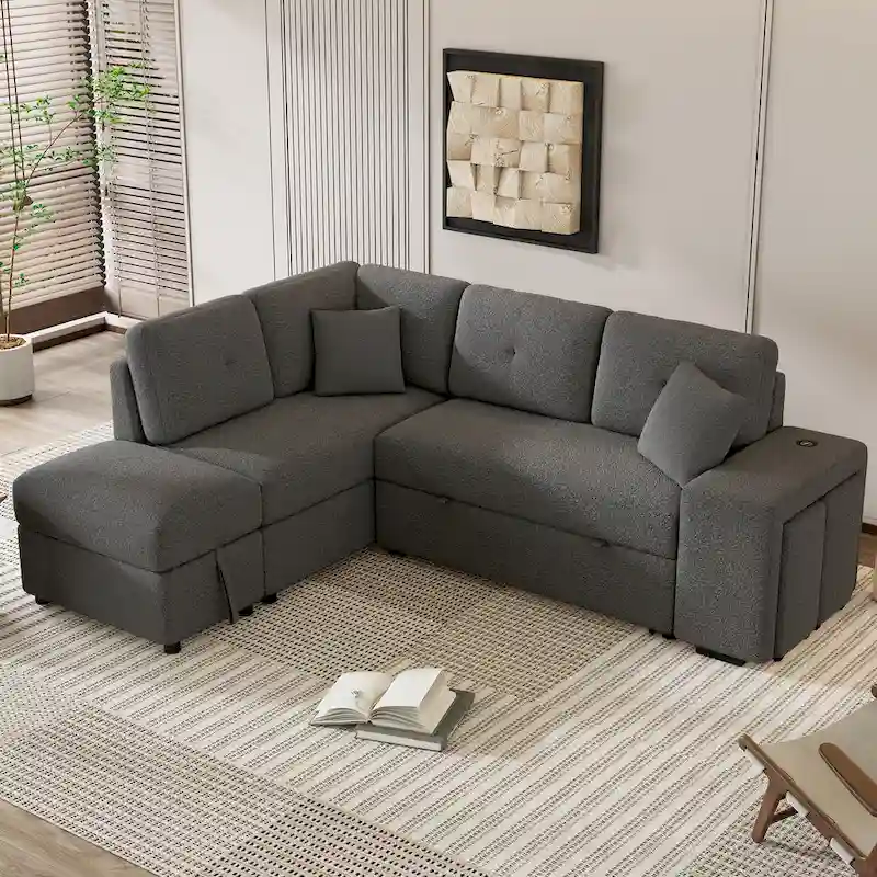 Roomfitters Convertible Sleeper Sectional Sofa Bed with Storage Ottoman, Two Throw Pillows, Two Stools, Wireless Charger