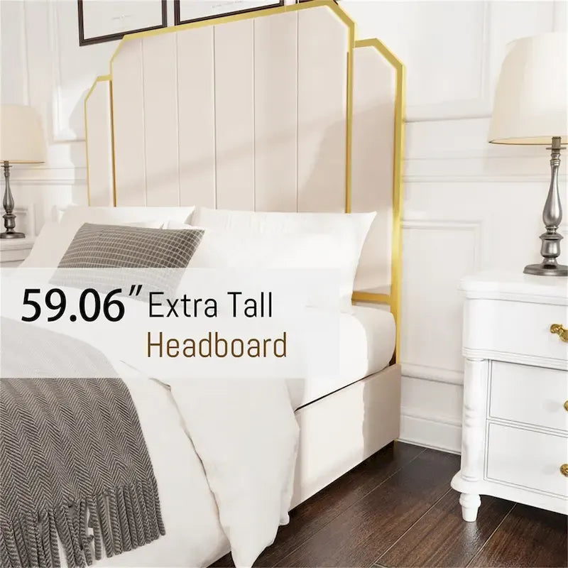Queen Velvet Platform Bed – Gold + Creamy White / Black / Blue, Channel Headboard, 4 Storage Drawers, Sleeps 1