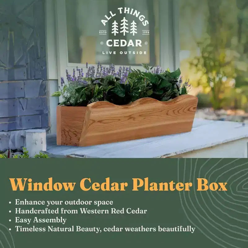 All Things Cedar 22 Inch Outdoor Window Planter, Handcrafted Wood Wall Mount Box for Garden Plants, Herbs, and Flowers, Natural Finish