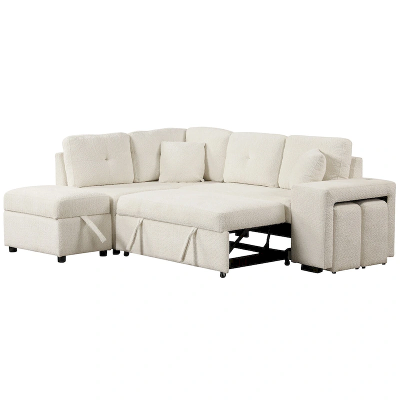 Roomfitters Convertible Sleeper Sectional Sofa Bed with Storage Ottoman, Two Throw Pillows, Two Stools, Wireless Charger