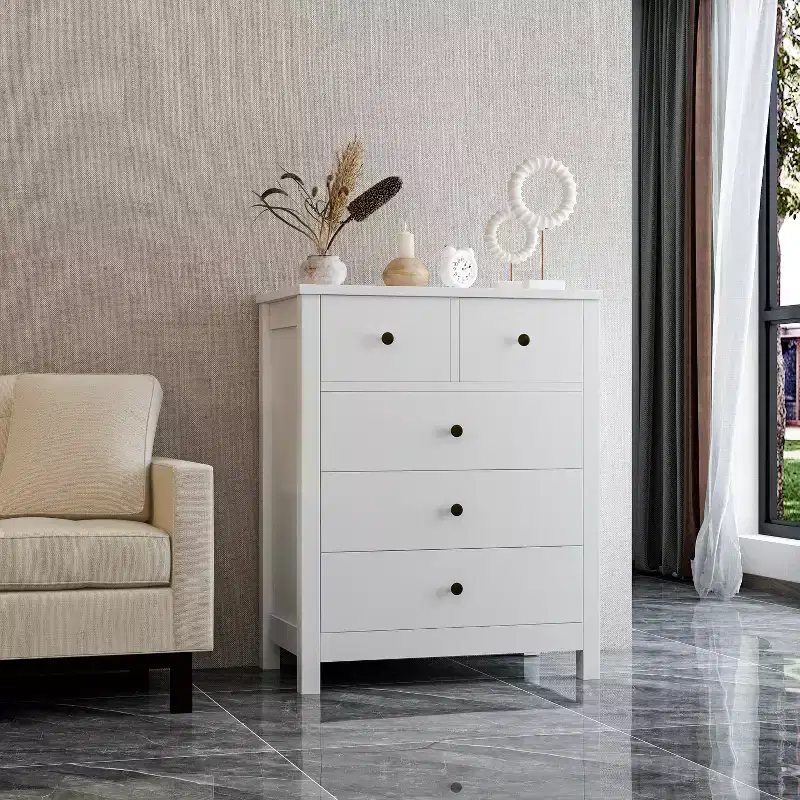 5-Drawer Fluted Dresser with Gold Metal Handles and Legs