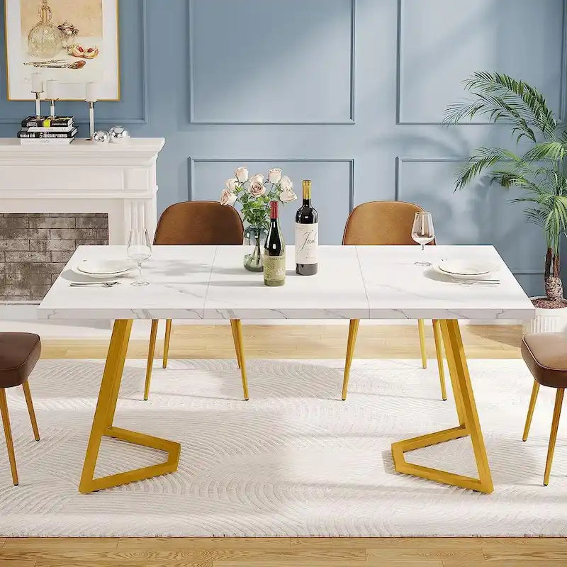 Dining Table – White & Gold / Brown / Grey, Faux Marble Top, Metal Frame, Adjustable Feet, Modern Style