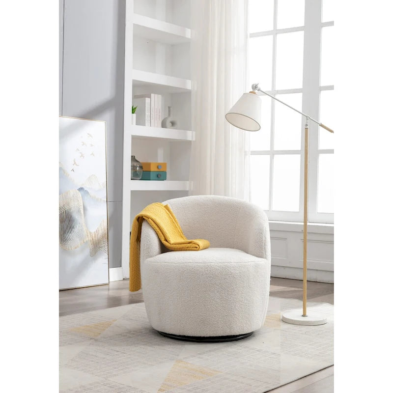 Swivel Accent Armchair Teddy Fabric Upholstered Barrel Chair with Black Point Round Swivel Metal Base