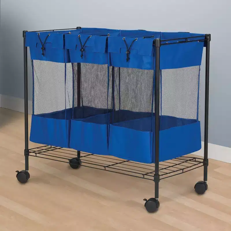 Laundry Sorter with Wheels, Triple Removable Mesh Bags, Blue and Black
