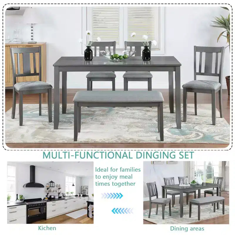 MAYEERTY 6-Piece Dining Set for 6, Wooden Rectangular Table + 4 Upholstered Chairs & Bench, Gray