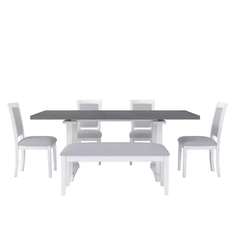 Whisen Updated 6-Piece Rustic Kitchen Extendable Dining Table Set, 76.9 Trestle Dining Table & 4 Upholstered Dining Chairs, 1 Bench