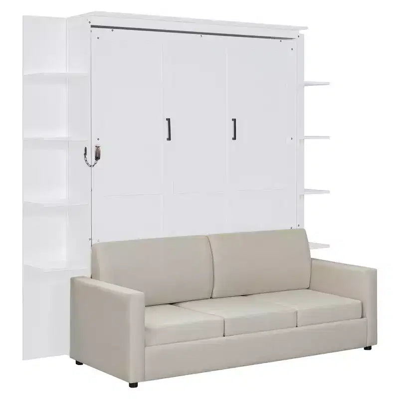 Queen Murphy Bed Wall Bed with Sofa, Queen Size Cabinet Bed Folding Wall Bed with Bookshelf and Shelves for Guest Room Office