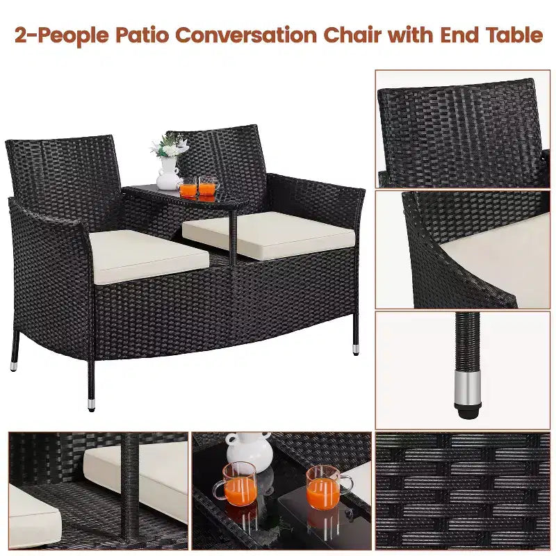 Yaheetech Outdoor Wicker Double Chair with Removable Cushions & 1 Tempered Glass Side Table, Black