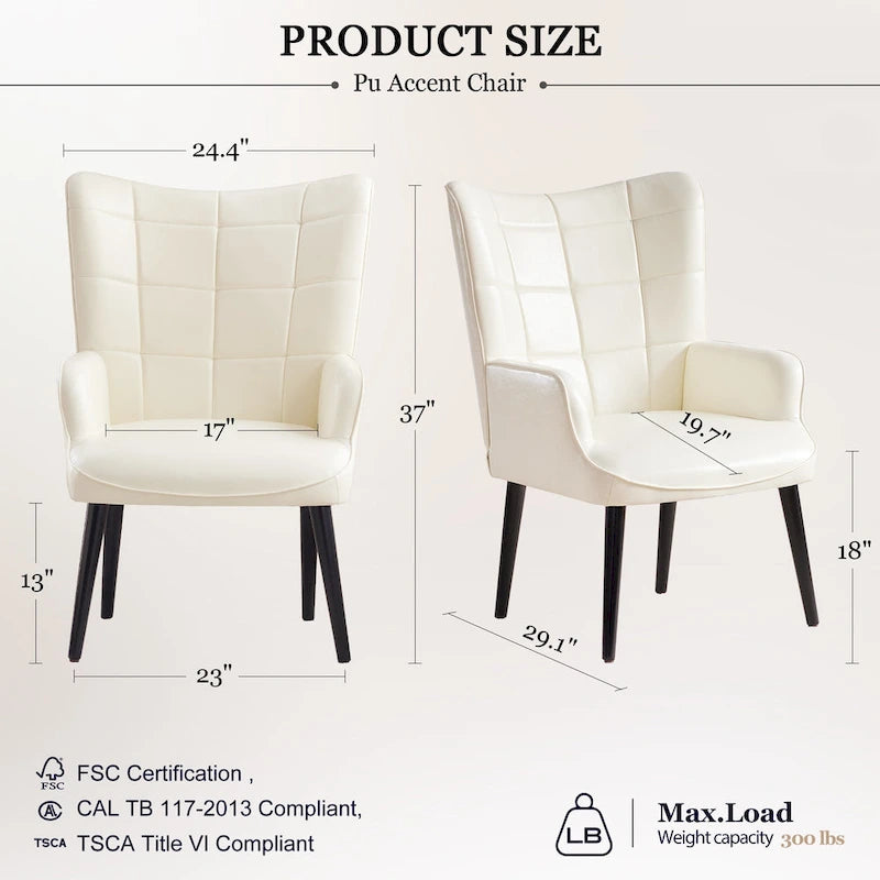 Mid-Century Modern Accent Chair – Cream, PU Leather, Solid Wood Legs, Seats 1