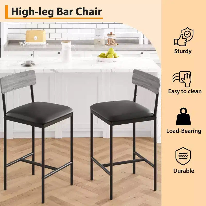Bar Stools Set of 2, Kitchen Bar Stools with Footrest, 25.5 Inches Upholstered Bar Chairs with Back, 2 Counter Height Barstools for Counter Bar