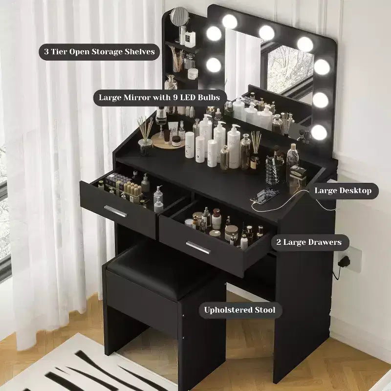 Vanity Desk with Mirror, Makeup Vanity with Cushioned Stool, 3 Lighting Modes Adjustable Brightness