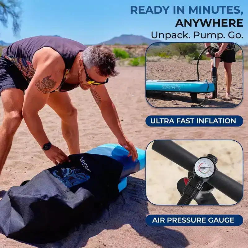 SereneLife Inflatable Stand-Up Paddleboard with Double-Action Pump - Black