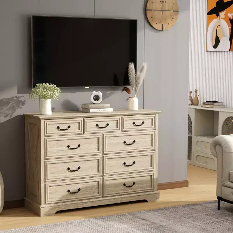 9 Drawer Farmhouse Dresser, Rustic Chest of Drawers with Ample Storage, Solid Wood Look & Metal Handles, Bedroom Clothes Organizer